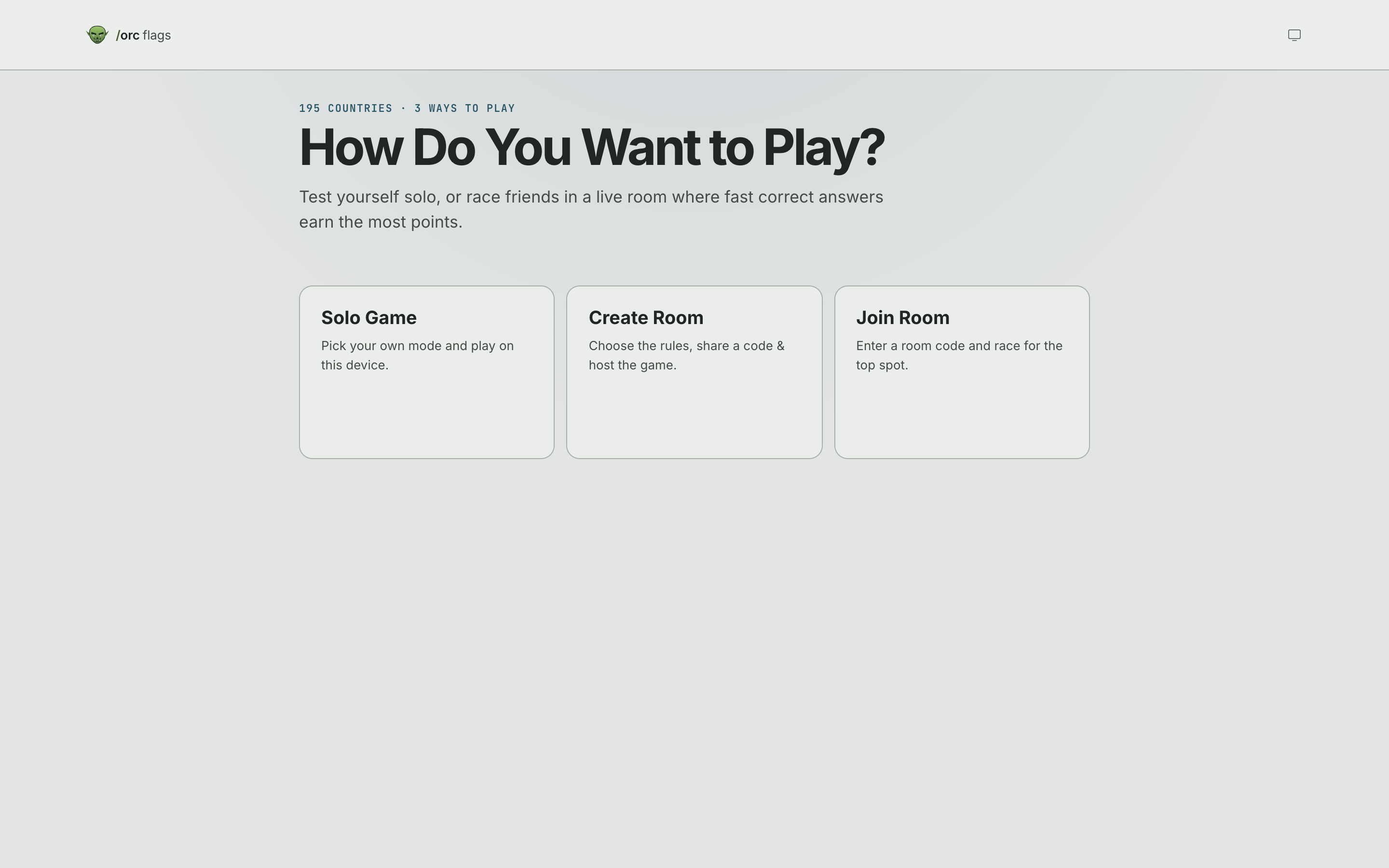 Orc Flags home screen offering solo game, create room, and join room