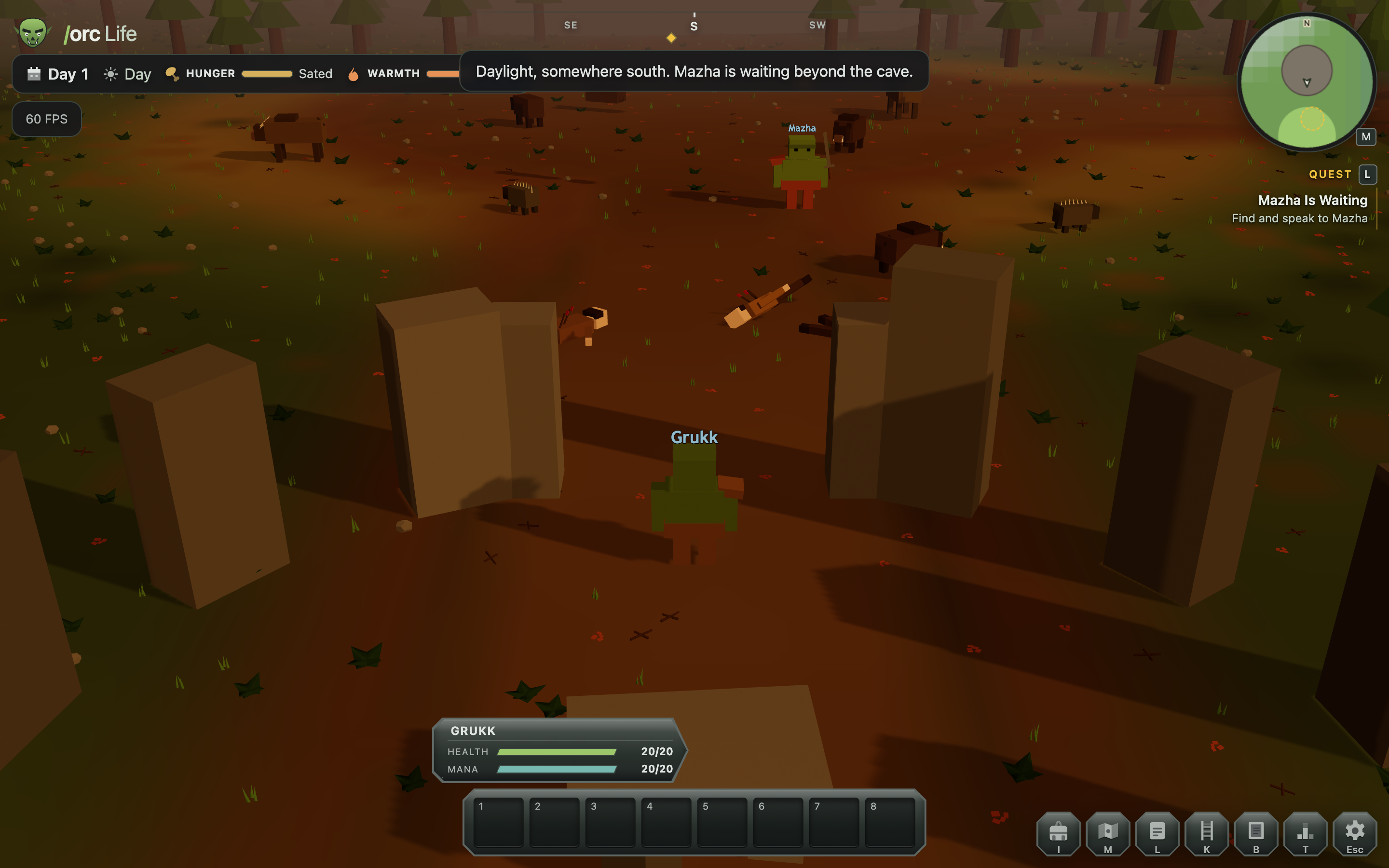 Orc Life on day one: the player's orc standing among the ruins with boars grazing beyond, the day, hunger and warmth bar across the top, a minimap, and the quest tracker reading "Mazha is waiting"
