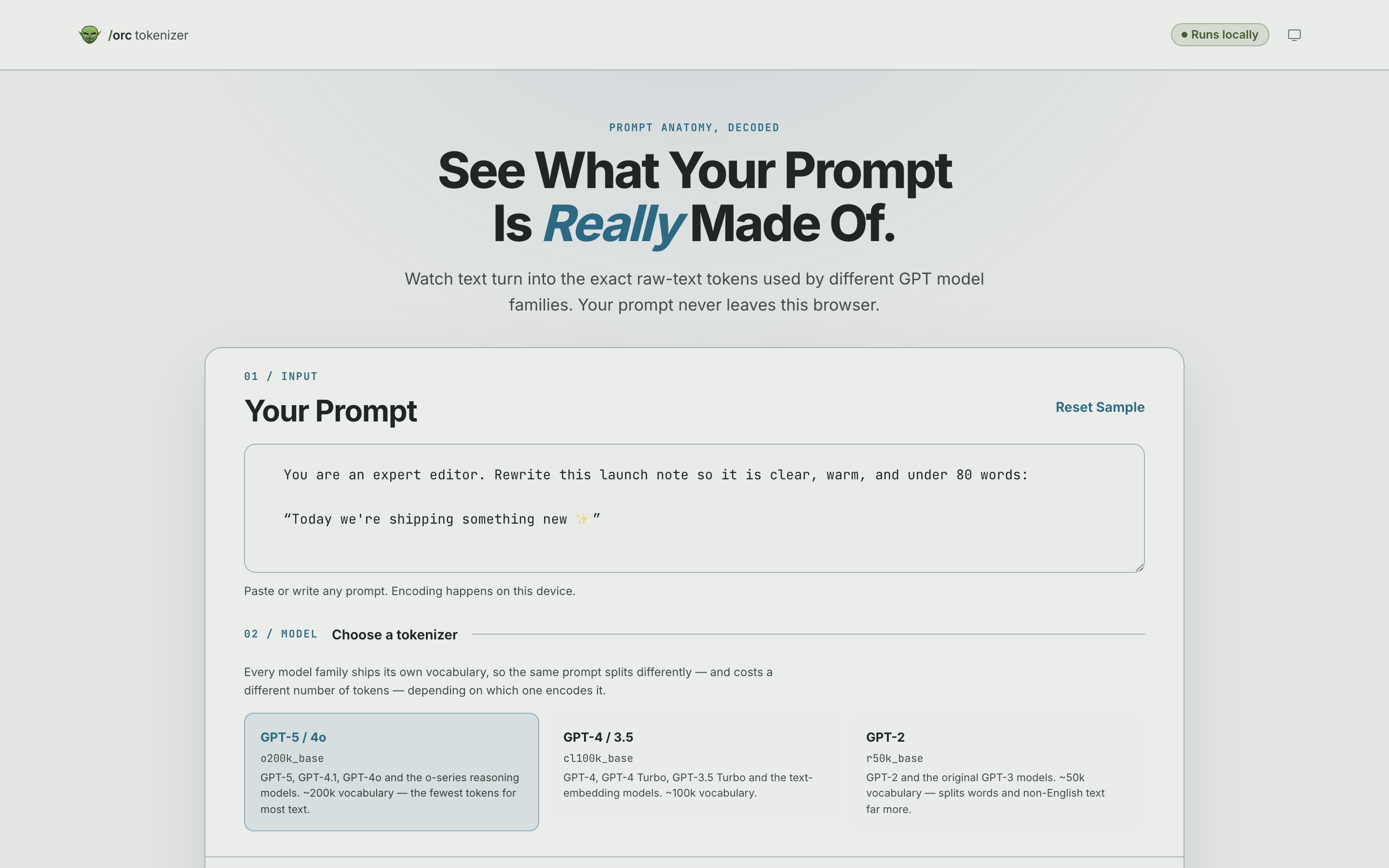 Orc Tokenizer's prompt input holding a sample prompt, above the three tokenizer presets for GPT-5/4o, GPT-4/3.5, and GPT-2